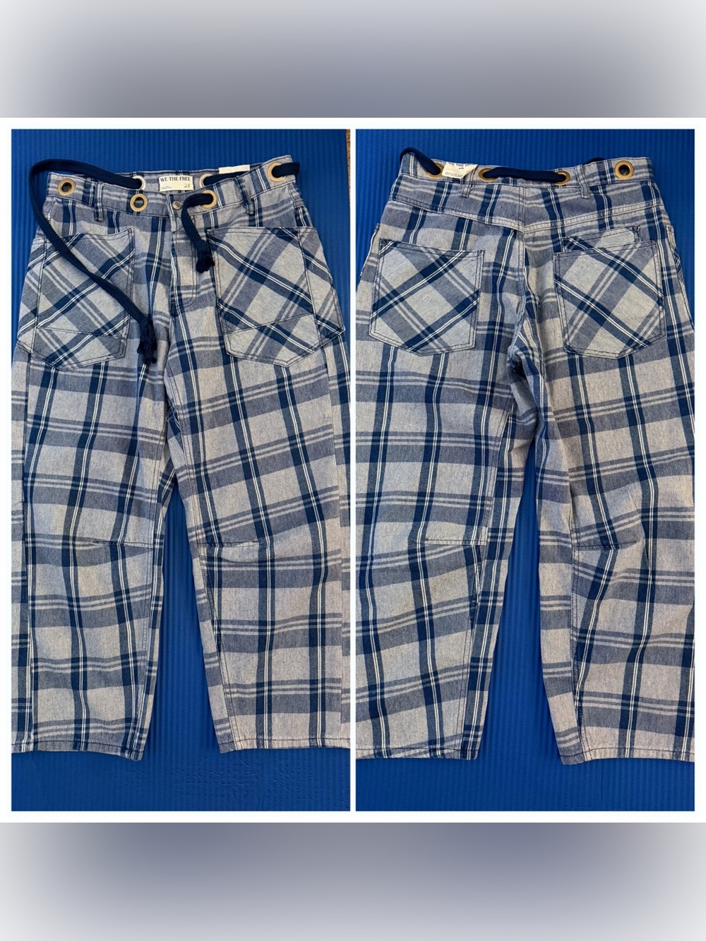 NWOT We the Free People Moxie Barrel Jeans Blue Plaid Retail $168 SZ 28 - Picture 2 of 5